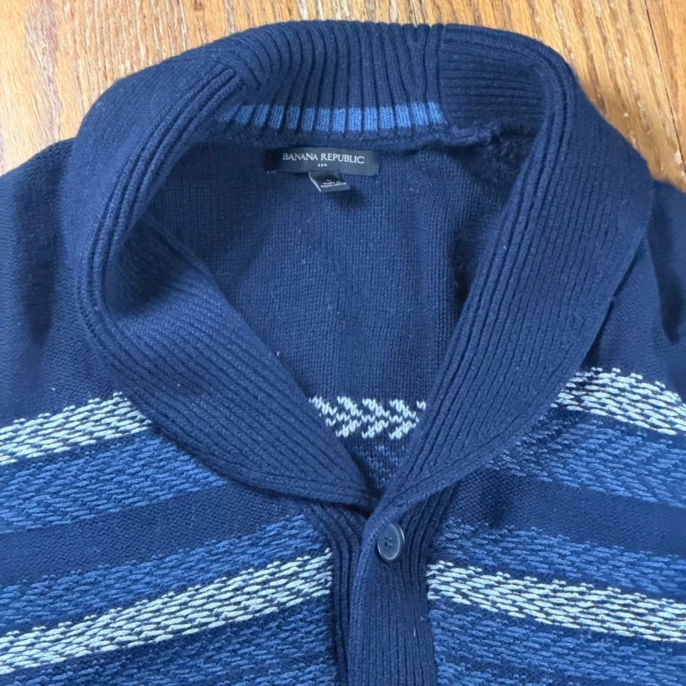 Banana Republic Mens Navy Blue Striped Shawl Collar Cardigan Sweater Large Wool
